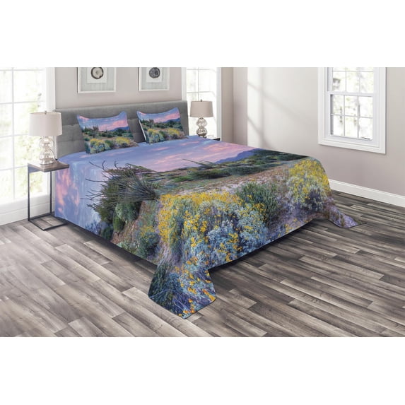 Ambesonne Sunset Quilted Coverlet 3 Pcs, Mountain Floral Scenery, Queen Size, Multicolor