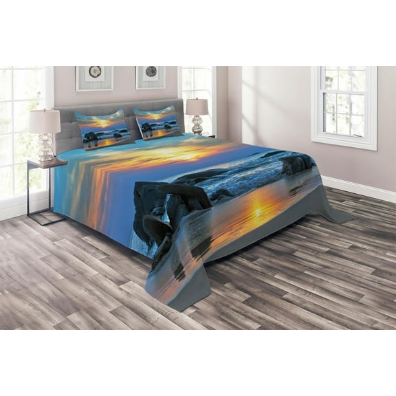 Ambesonne Sunset Quilted Coverlet 3 Pcs, Sandy Peaceful Beach, King Size, Blue Yellow