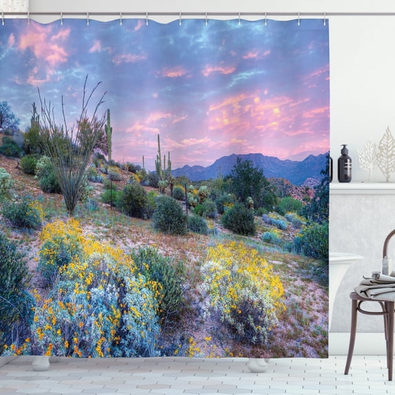 Ambesonne Sunset Shower Curtain, Mountain Floral Scenery, 69"Wx84"L, Multicolor