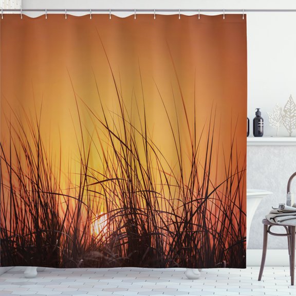 Ambesonne Sunset Shower Curtain, Sundown Between Bushes Rural, 69"Wx84"L, Dark Grey and Apricot
