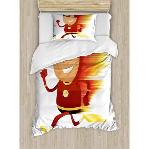 Ambesonne Superhero Duvet Cover Sets, Bolt Man with Lghts, 2-Twin, White Red