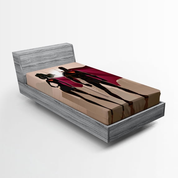 Ambesonne Superhero Fitted Sheet 2 Pcs Set, City Hero Hot Couple, Twin, Beige Brown Magenta