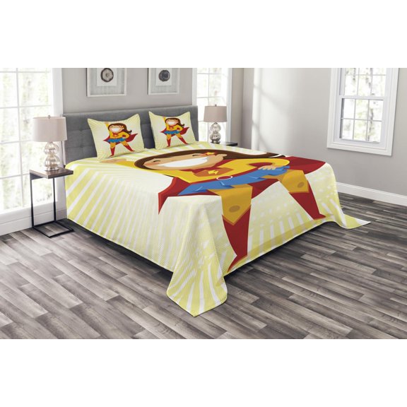 Ambesonne Superhero Quilted Bedspread Set 3 Pcs, Heroine Girl Costume, Queen Size, Multicolor