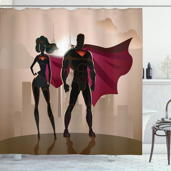 Ambesonne Superhero Shower Curtain, City Hero Hot Couple, 69"Wx75"L, Beige Brown Magenta