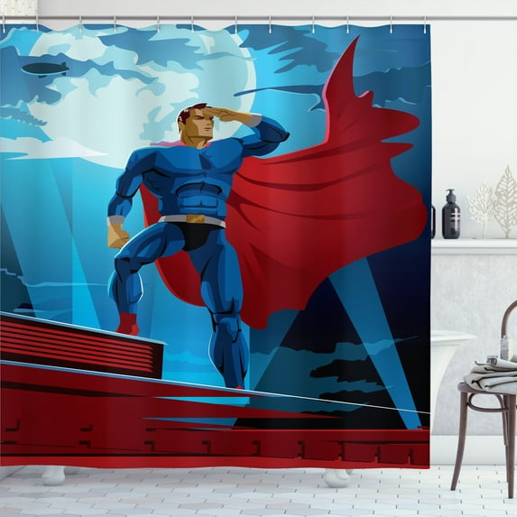 Ambesonne Superhero Shower Curtain, Retro Cartoon Heros, 69"Wx84"L, Blue Red