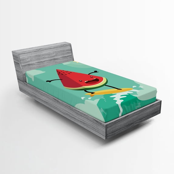 Ambesonne Surf Fitted Sheet, Watermelon on the Waves, Twin Size, Red Green Yellow
