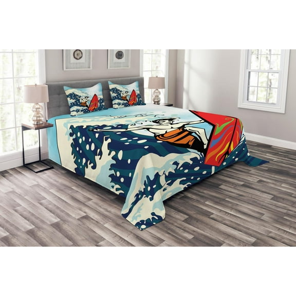 Ambesonne Surf Quilted Bedspread Set 3 Pcs, Summer Cartoon Surfing Boy, King Size, Multicolor