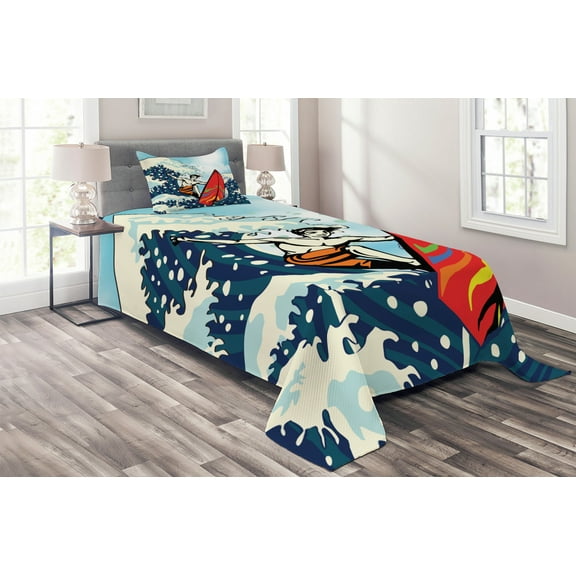 Ambesonne Surf Quilted Coverlet 2 Pcs, Summer Cartoon Surfing Boy, Twin Size, Multicolor