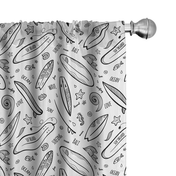 Ambesonne Surfboard Curtains, Monochrome Coastal, Pair of 28"x95", Black White