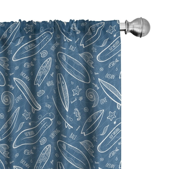 Ambesonne Surfboard Curtains, Ocean Waves Doodle, Pair of 28"x84", Blue White