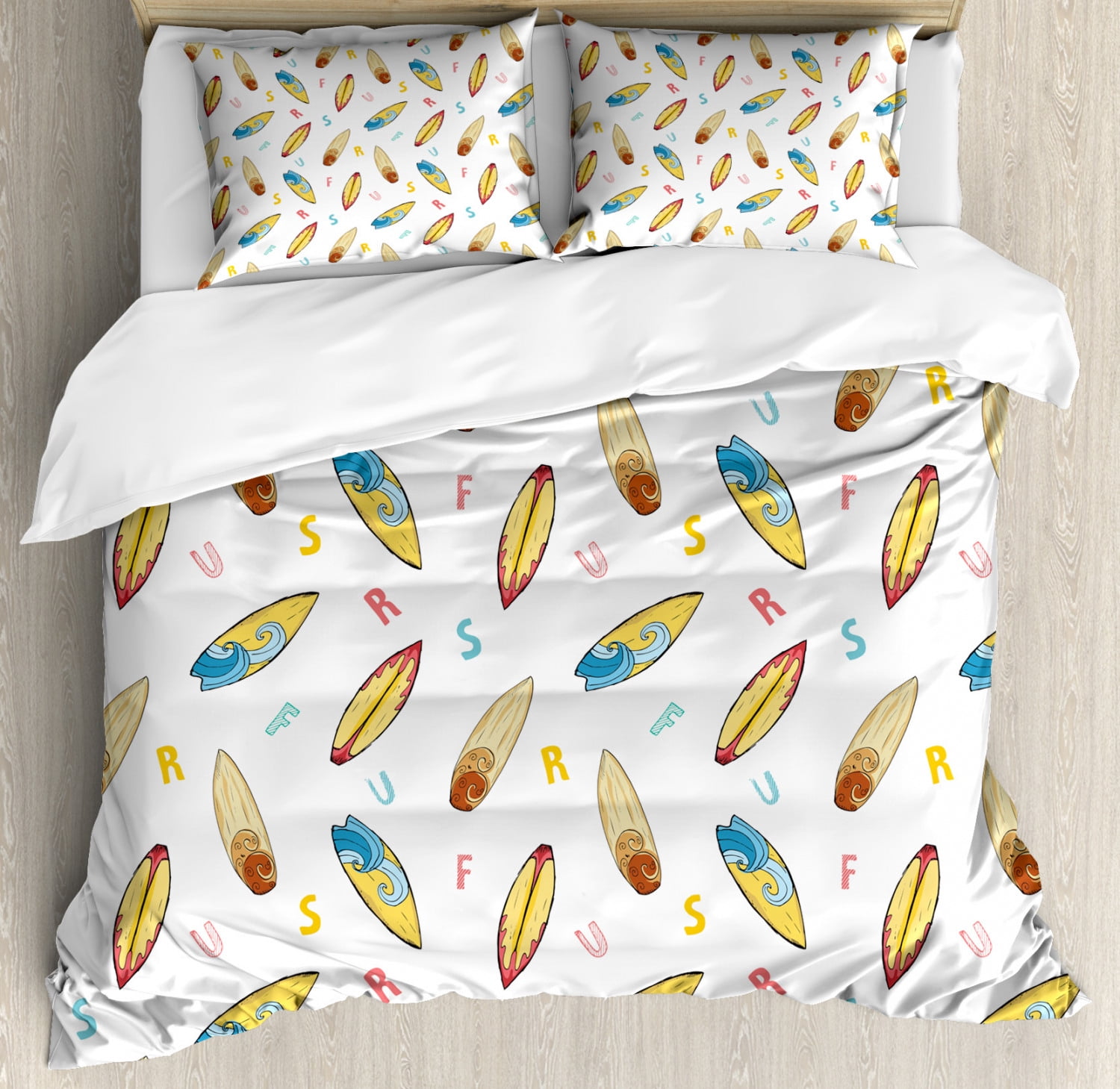 Surfboard Duvet Cover Set Twin Size - Tropical Sea Bedding For Kids, Summer Surf Theme, 2 Piece Set With 1 Pillowcase