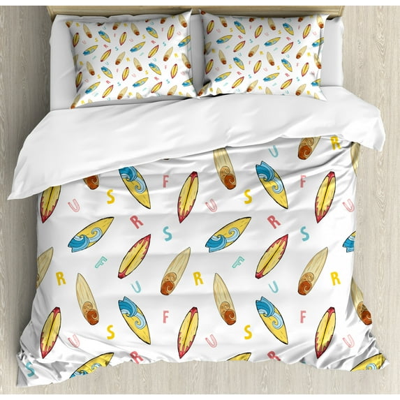Ambesonne Surfboard Duvet Cover Set, Boards and ABC Letters, King, Multicolor