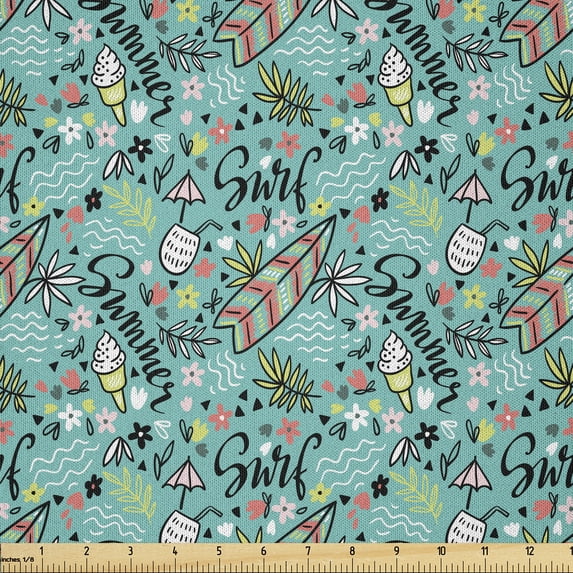 Ambesonne Surfboard Fabric by the Yard Microfiber, Tropic Floral Design, 10 Yards, Turquoise Multicolor
