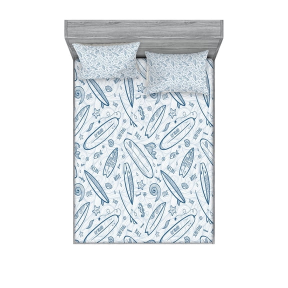 Ambesonne Surfboard Fitted Sheet & Pillow Sham Set, Doodle Summertime, King, Petrol Blue Slate Blue