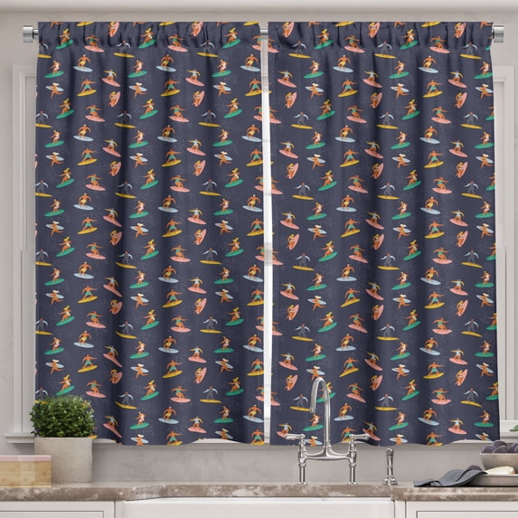 Ambesonne Surfboard Kitchen Curtains, Doodle Surfer People Art, 55"x45", Dark Indigo and Multicolor