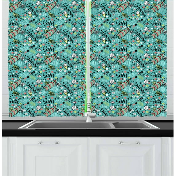 Ambesonne Surfboard Kitchen Curtains, Tropic Floral Design, 55"x39", Turquoise Multicolor