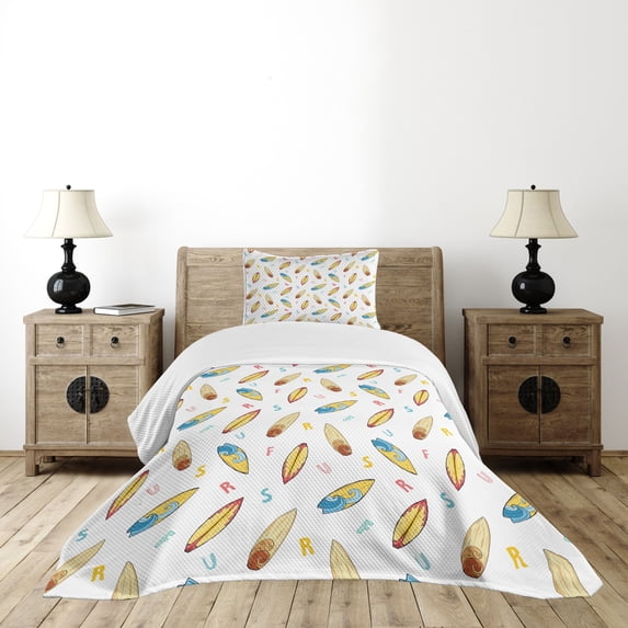 Ambesonne Surfboard Quilted Bedspread Set 2 Pcs, Boards and ABC Letters, Twin Size, Multicolor