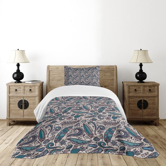 Ambesonne Surfboard Quilted Bedspread Set 2 Pcs, Exotic Waters Fun, Twin Size, Tan Teal Mauve
