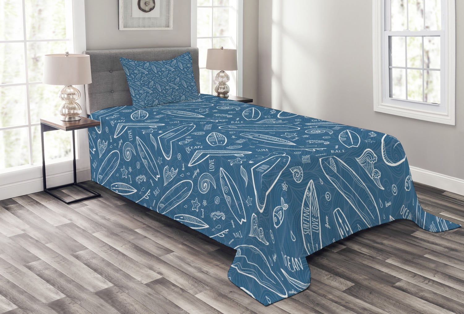 Twin White and Blue Quilted Bedspread Set with Surfboard Design