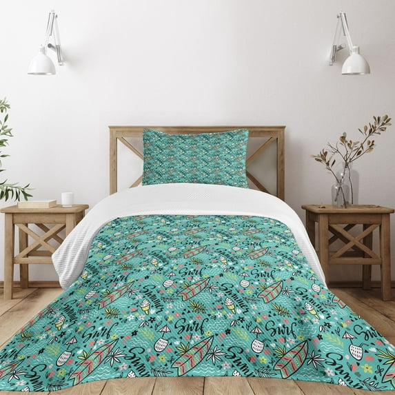 Ambesonne Surfboard Quilted Bedspread Set 2 Pcs, Tropic Floral Design, Twin Size, Turquoise Multicolor
