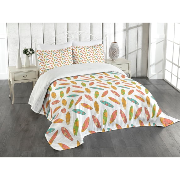 Ambesonne Surfboard Quilted Bedspread Set 3 Pcs, Fun Colorful Sports, King Size, Multicolor