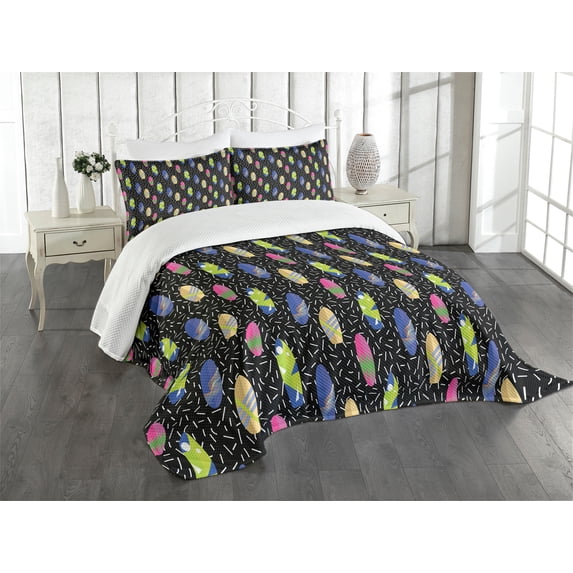Ambesonne Surfboard Quilted Bedspread Set 3 Pcs, Memphis 80s Style, King Size, Multicolor