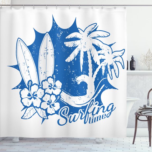 Ambesonne Surfboard Shower Curtain, Waves Palm Trees Hibiscus, 69"Wx75"L, White and Cobalt Blue