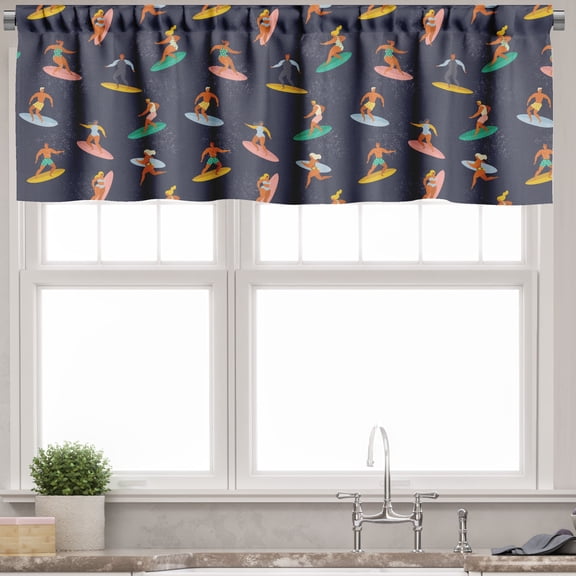 Ambesonne Surfboard Valance Pack of 2, Doodle Surfer People Art, 54"X18", Dark Indigo and Multicolor