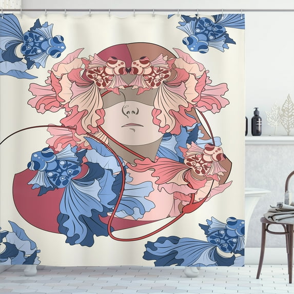 Ambesonne Surreal Shower Curtain, Goldfish and Human Portrait, 69"Wx84"L, Eggshell Blue and Coral