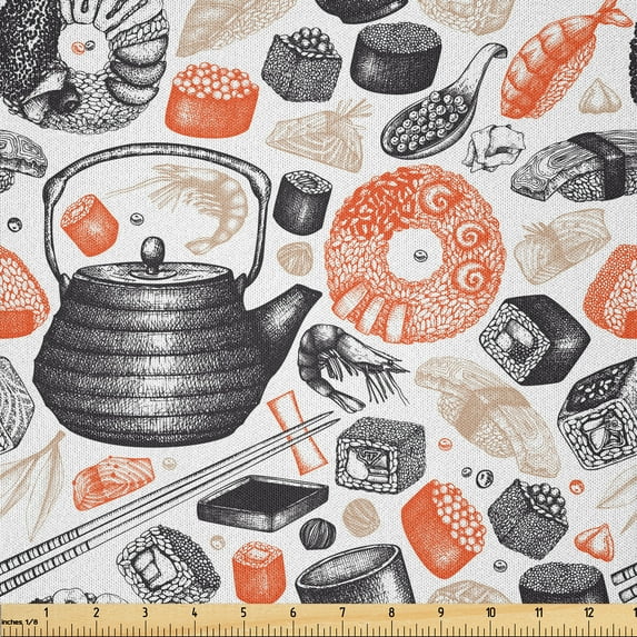 Ambesonne Sushi Fabric by the Yard Microfiber, Shrimps Rolls and Wasabi Food, 5 Yards, Black Salmon and Beige