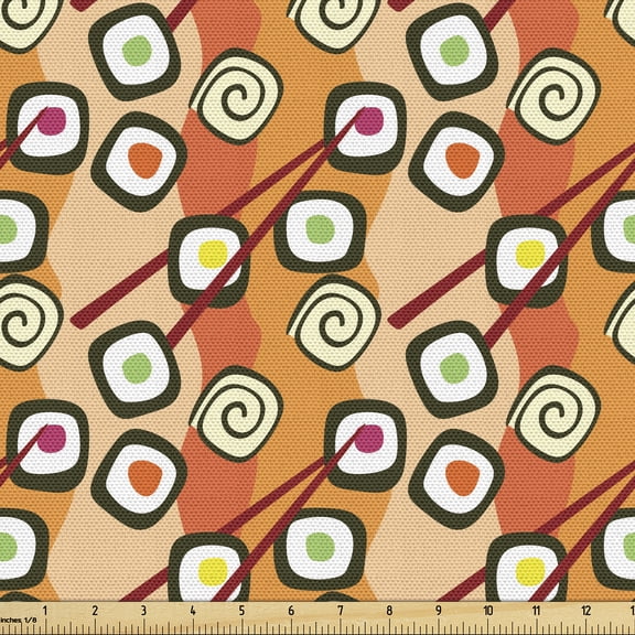 Ambesonne Sushi Fabric by the Yard Upholstery, Japanese Cuisine Chopsticks, 1 Yard, Burnt Sienna and Multicolor