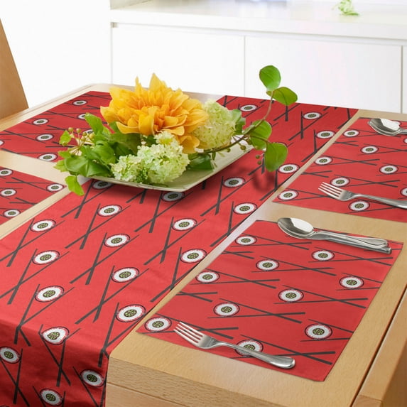 Ambesonne Sushi Table Runner & Placemats, Maki Rolls with Chopsticks, Placemat 4 pcs + Runner 12"x90", Charcoal Grey Vermilion