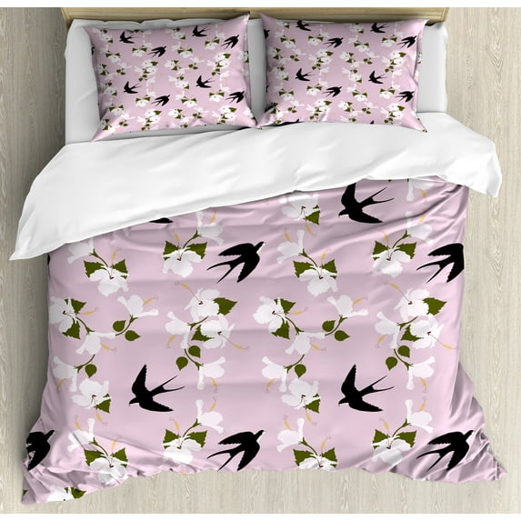 Ambesonne Swallow Duvet Cover Sets, Flower Bouquets and Birds, 2-King, Olive Green and Grey Pink