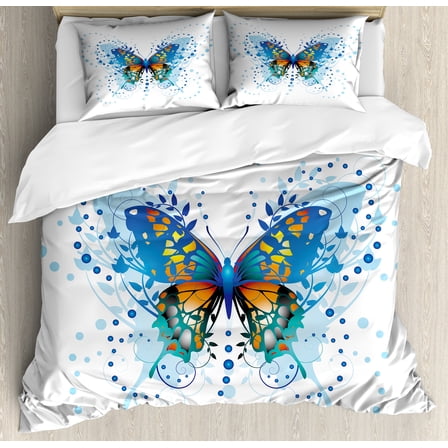 Ambesonne Swallowtail Butterfly Duvet Cover Set, Curls Dots, King, Blue Turquoise Orange
