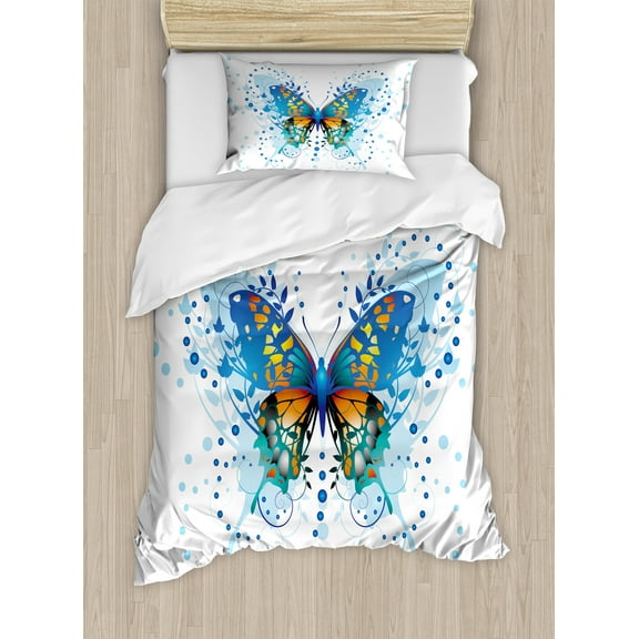Ambesonne Swallowtail Butterfly Duvet Cover Set, Curls Dots, Twin, Blue Turquoise Orange