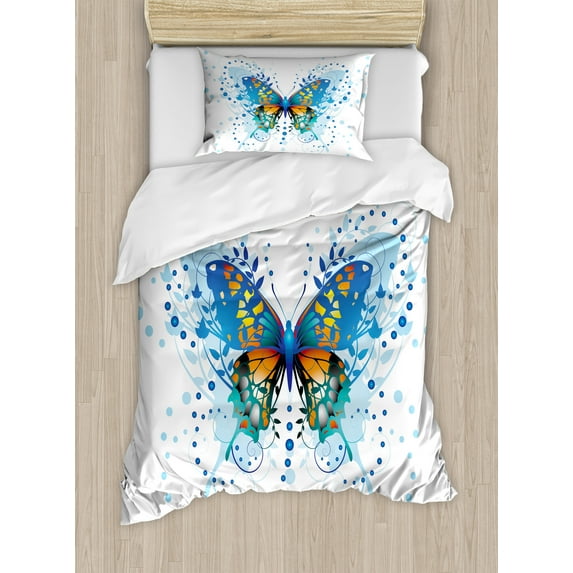 Ambesonne Swallowtail Butterfly Duvet Cover Sets, Curls Dots, 2-Twin, Blue Turquoise Orange