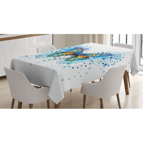 Ambesonne Swallowtail Butterfly Tablecloth Rectangular Table Cover, Curls Dots, 52"x70", Blue Turquoise Orange
