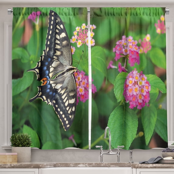 Ambesonne Swallowtail Kitchen Curtains, Eco Nature, 55"x39", Green Pink Black