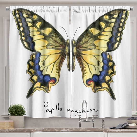 Ambesonne Swallowtail Kitchen Curtains, Watercolors, 55"x39", Yellow Blue Black