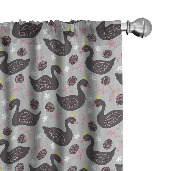 Ambesonne Swan 4-Panel Curtains, Cartoon Bird and Flowers Art, 56"x95", Purple Grey Dark Purple