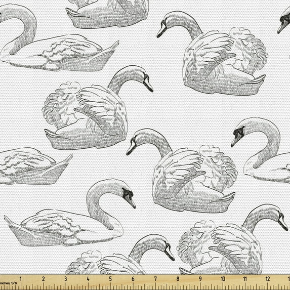 Ambesonne Swan Fabric by the Yard Upholstery, Sketch Art Waterfowls, 10 Yards, Black White