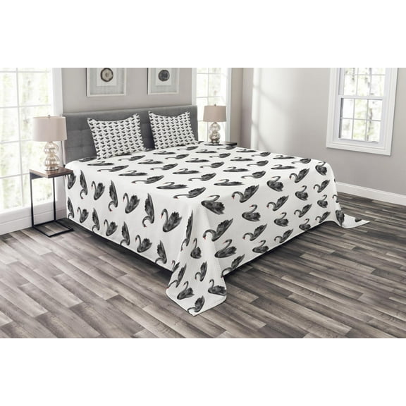 Ambesonne Swan Quilted Bedspread Set 3 Pcs, Aquarelle Black Birds, King Size, Charcoal Grey White Red