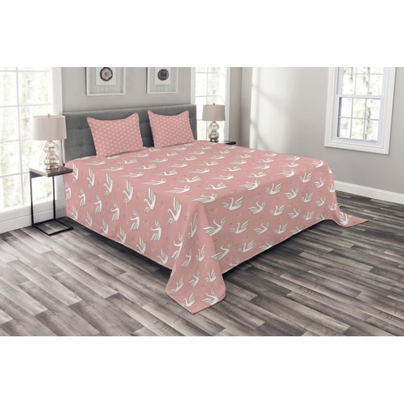 Ambesonne Swan Quilted Bedspread Set 3 Pcs, Patterned Wings and Hearts, King Size, Multicolor