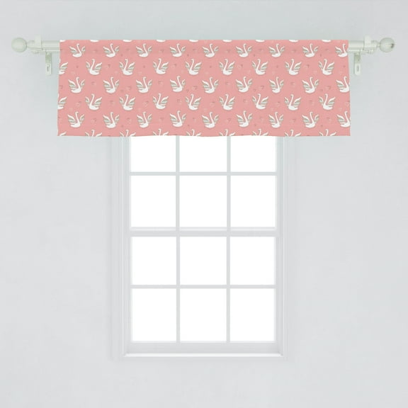 Ambesonne Swan Window Valance, Hand Drawn Style White Birds on Coral Backdrop with Patterned Wings and Little Hearts, Curtain Valance for Kitchen Bedroom Decor with Rod Pocket, 54" X 18", Multicolor