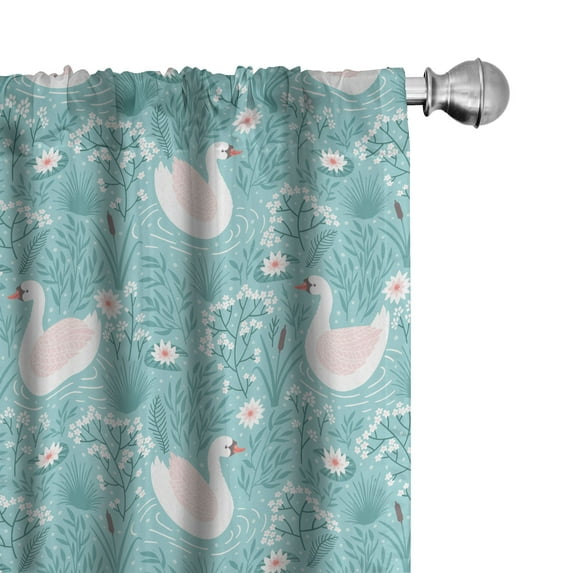 Ambesonne Swans Window Curtains, Gracious Flowers Lake Art, Each 28" W x 84" L, Rose Pale Seafoam