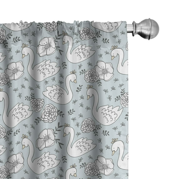 Ambesonne Swans 4-Panel Curtains, Hand Drawn Flowers and Birds, 56"x84", Pale Blue Grey and White