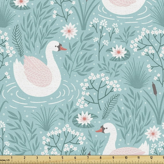 Ambesonne Swans Fabric by the Yard Upholstery, Gracious Flowers Lake Art, 3 Yards, Rose Pale Seafoam