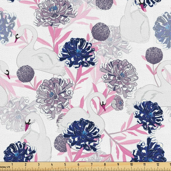 Ambesonne Swans Fabric by the Yard Upholstery, Spring Floral Gracious Animal, 1 Yard, Pale Pink Sea Blue