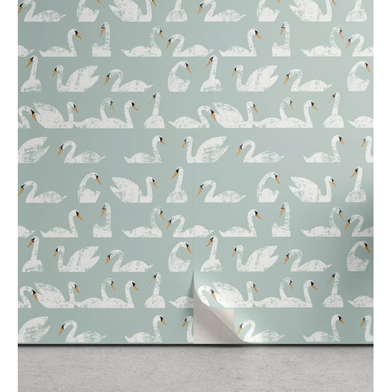 Ambesonne Swans Peel & Stick Wallpaper for Home, Grunge Asymmetric Birds Swim, 13"x100", Pale Seafoam and White