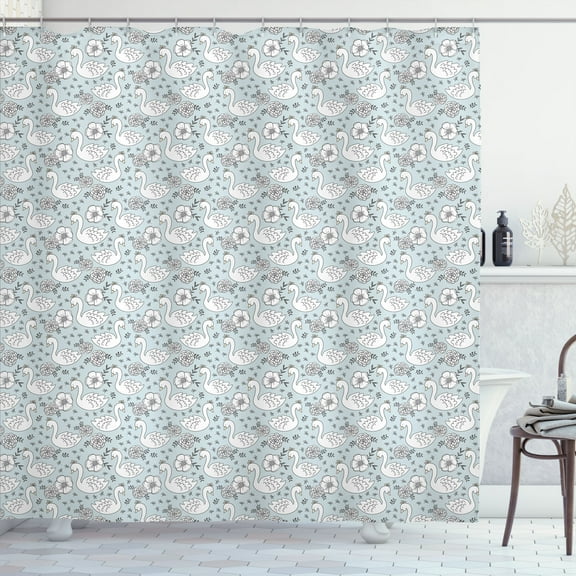 Ambesonne Swans Shower Curtain, Hand Drawn Flowers and Birds, 69"Wx75"L, Pale Blue Grey and White